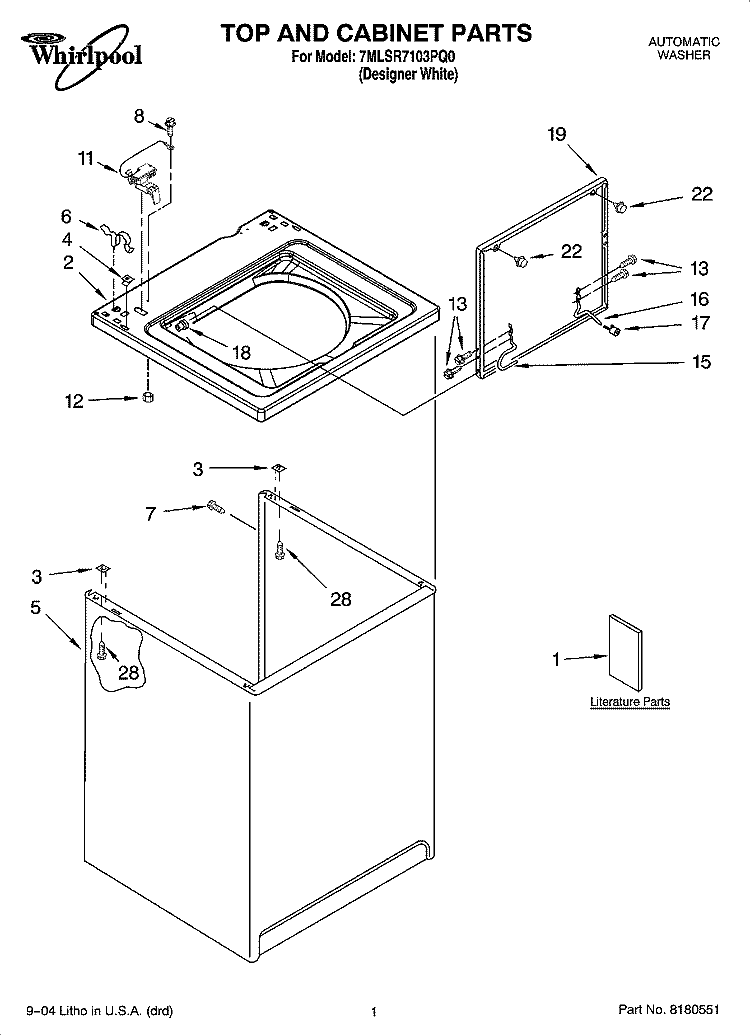 TOP AND CABINET PARTS Diagram and Parts List for 7MLSR7103PQ0  Whirlpool Washer