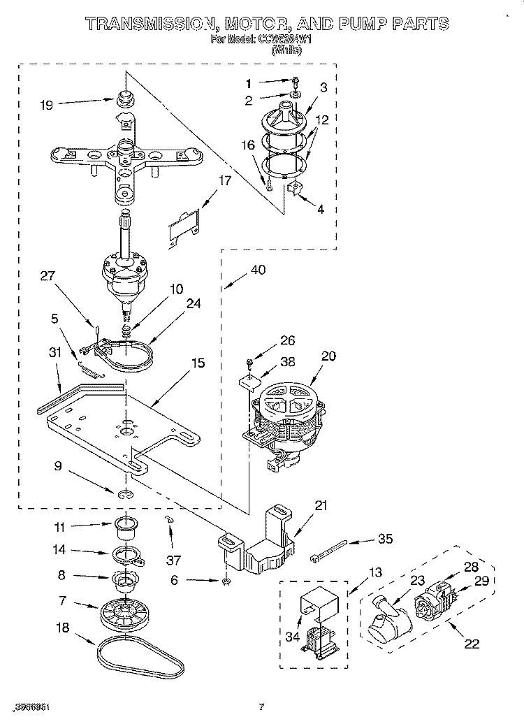 TRANSMISSION, MOTOR AND PUMP Diagram and Parts List for CCW5264W1  Whirlpool Washer