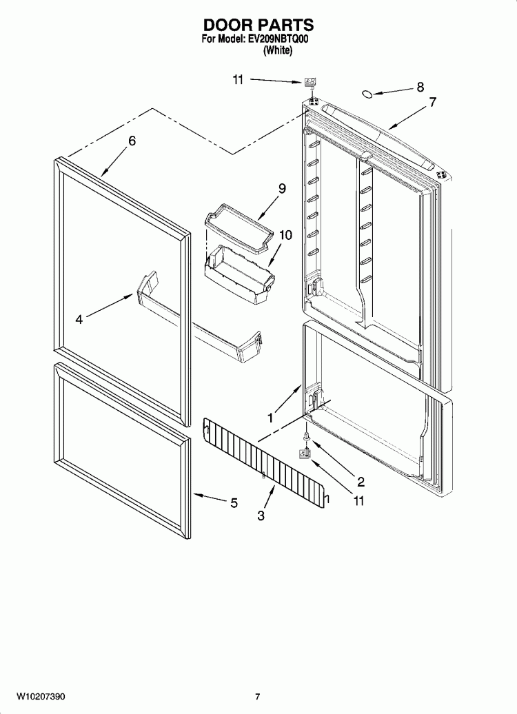 DOOR PARTS Diagram and Parts List for EV209NBTQ00  Whirlpool Freezer