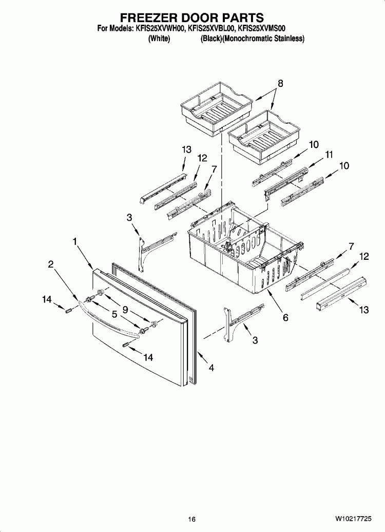 FREEZER DOOR PARTS Diagram and Parts List for KFIS25XVMS00  KitchenAid Refrigerator