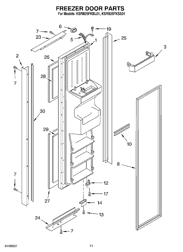 FREEZER DOOR Diagram and Parts List for KSRB25FKBL01  KitchenAid Refrigerator