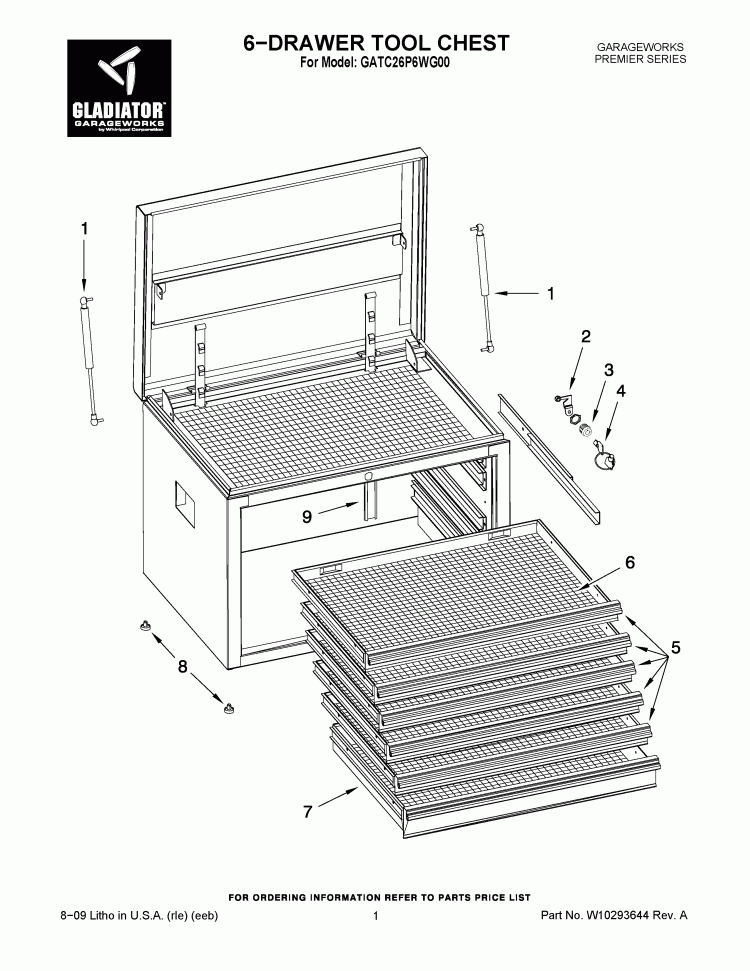 6-DRAWER TOOL CHEST Diagram and Parts List for GATC26P6WG00  Whirlpool Cabinet