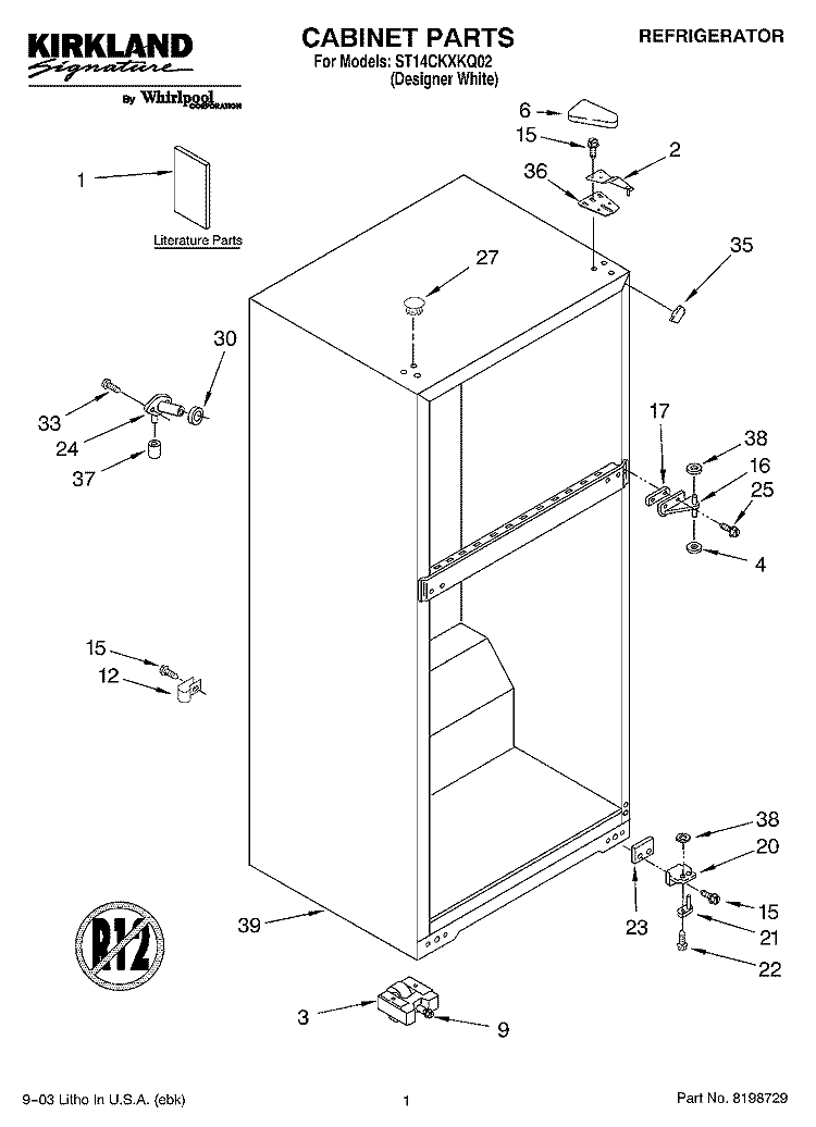 CABINET PARTS Diagram and Parts List for ST14CKXKQ02  Whirlpool Refrigerator