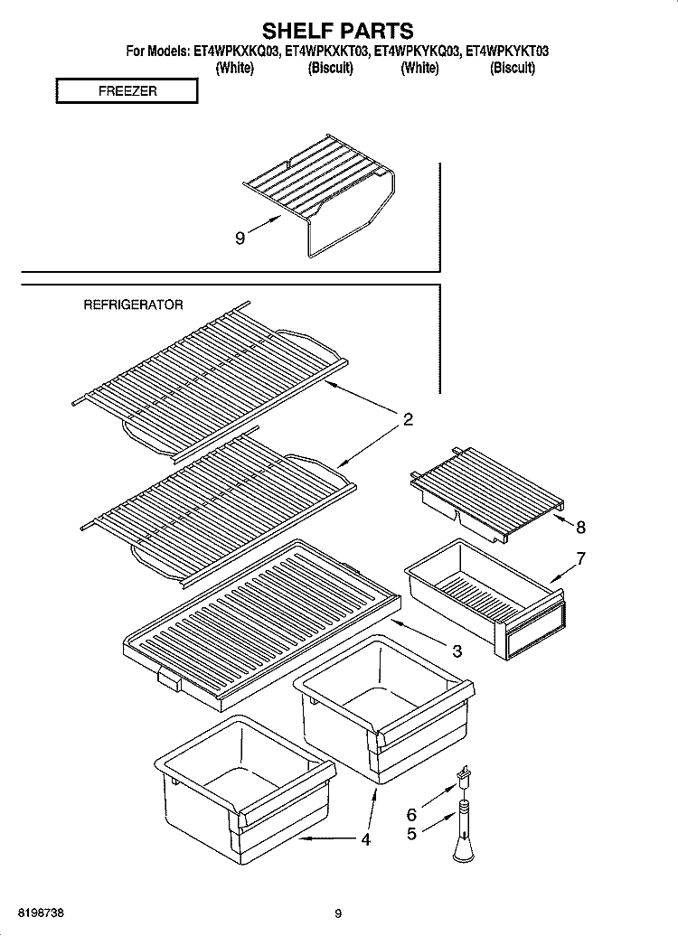 SHELF PARTS, OPTIONAL PARTS Diagram and Parts List for ET4WPKYKT03  Whirlpool Refrigerator