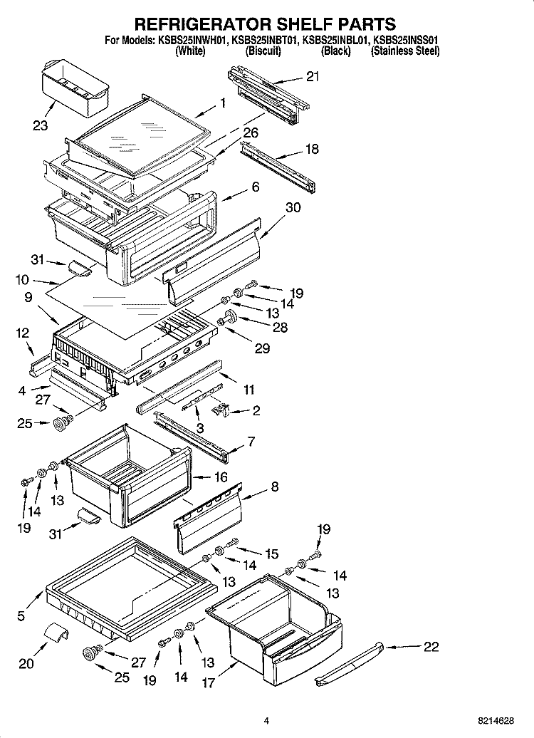 REFRIGERATOR SHELF PARTS Diagram and Parts List for KSBS25INWH01  KitchenAid Refrigerator