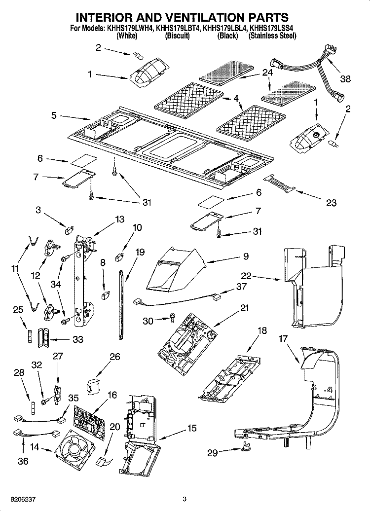 INTERIOR AND VENTILATION PARTS Diagram and Parts List for KHHS179LWH4  KitchenAid Microwave