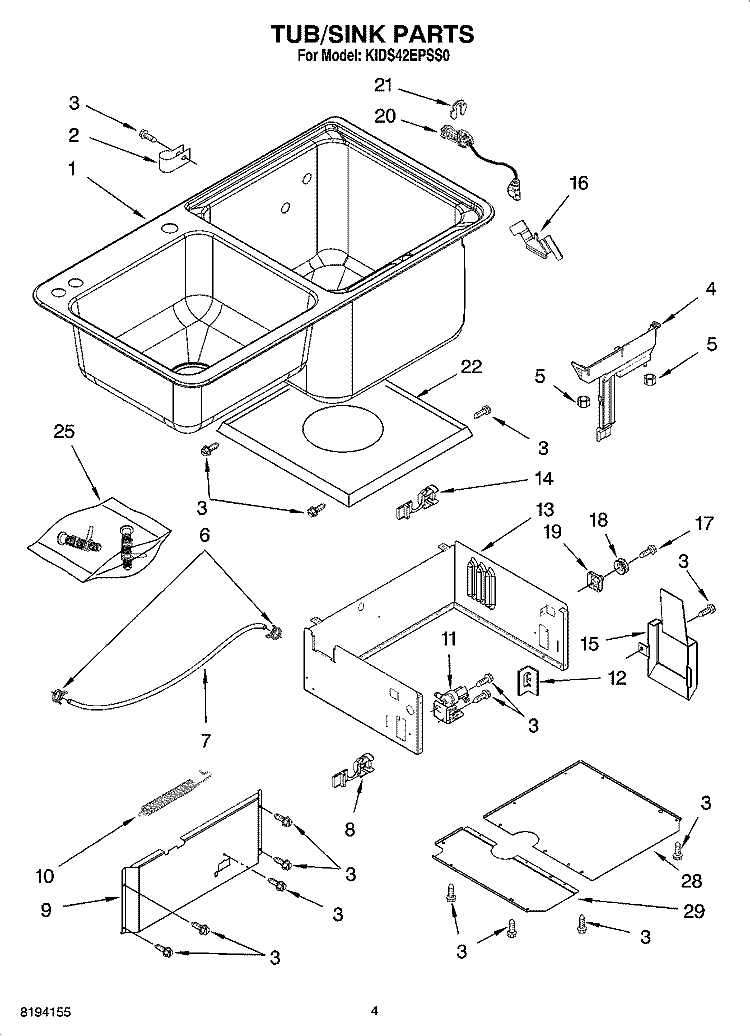 TUB/SINK PARTS Diagram and Parts List for KIDS42EPSS0  KitchenAid Dishwasher