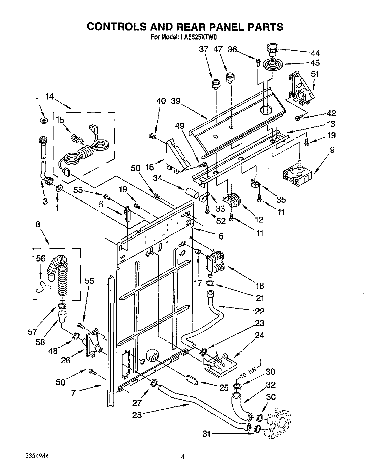 CONTROLS AND REAR PANEL Diagram and Parts List for LA5525XTN0  Whirlpool Washer