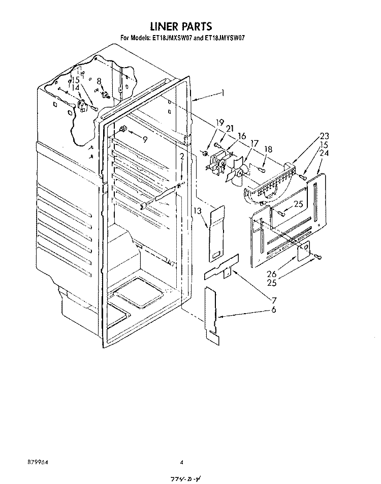 LINER Diagram and Parts List for ET18JMYSF07  Whirlpool Refrigerator