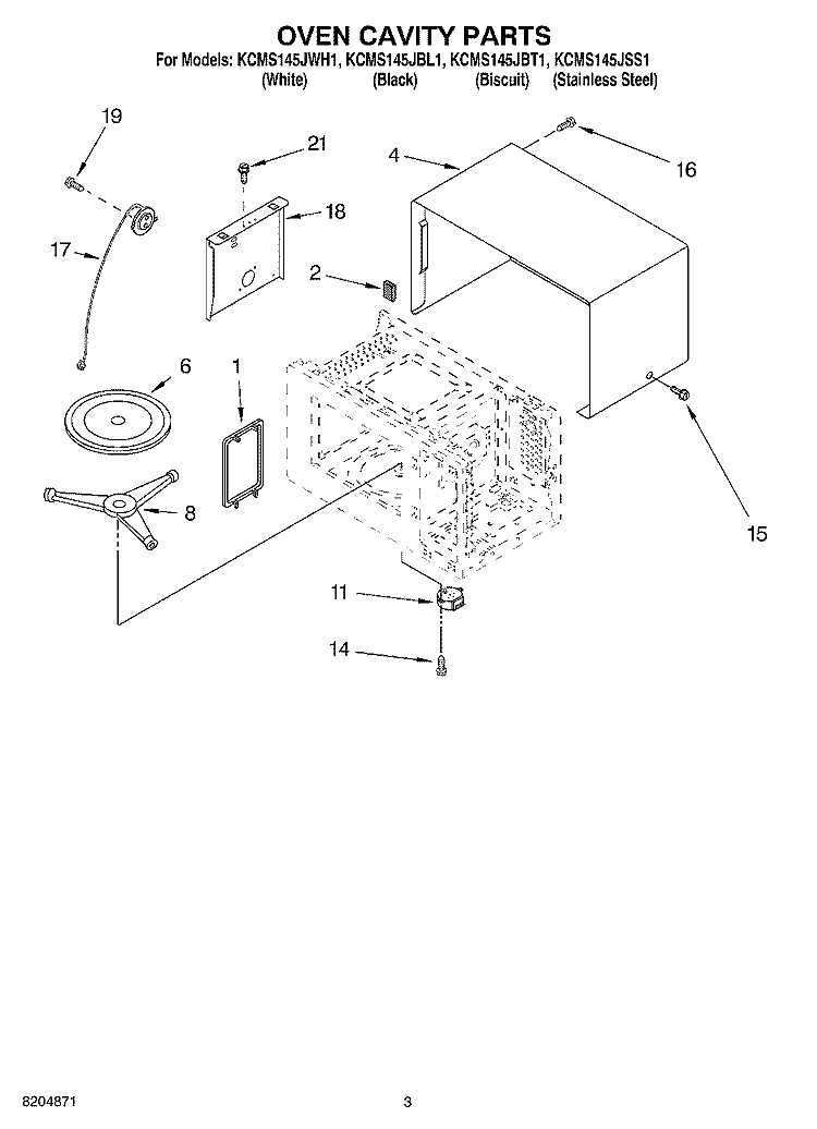 OVEN CAVITY PARTS Diagram and Parts List for KCMS145JBT1  KitchenAid Microwave