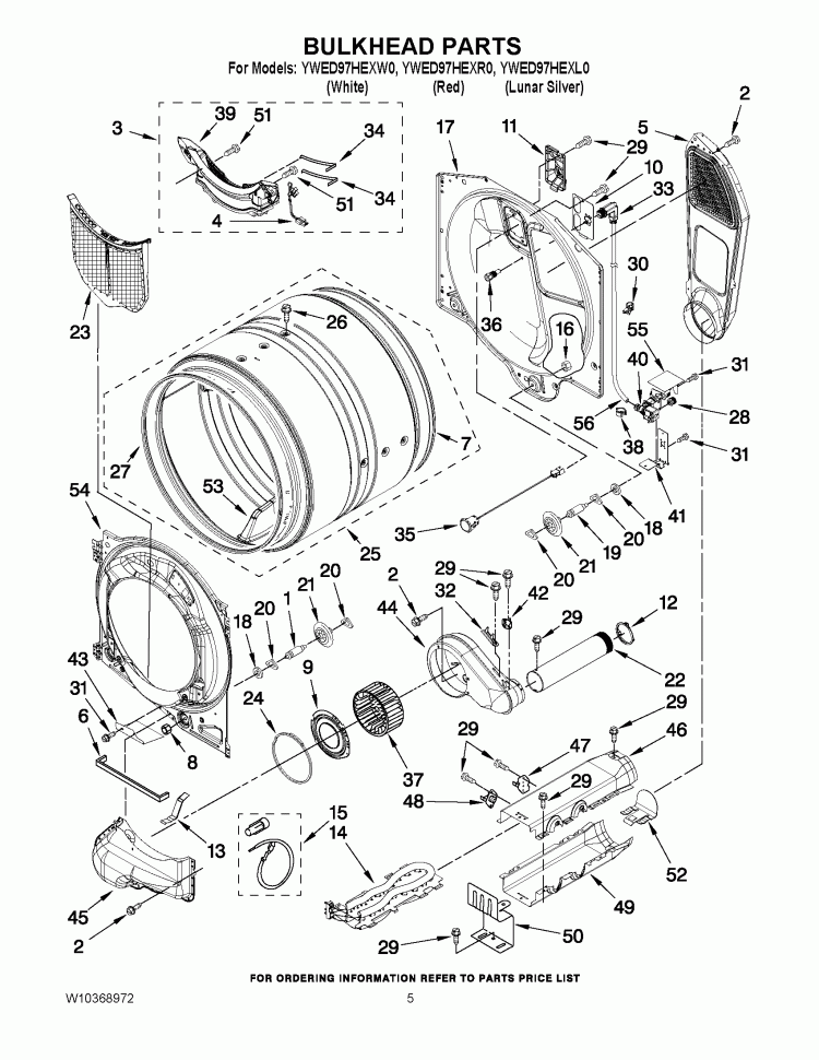 BULKHEAD PARTS Diagram and Parts List for YWED97HEXL0  Whirlpool Dryer