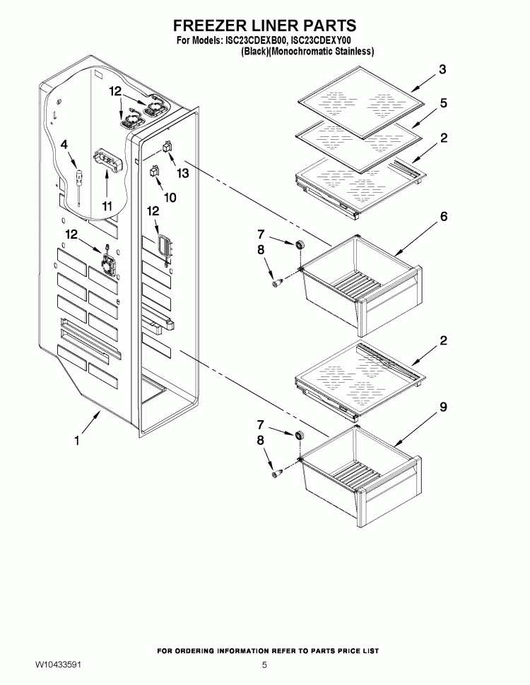 FREEZER LINER PARTS Diagram and Parts List for ISC23CDEXY00  Whirlpool Refrigerator