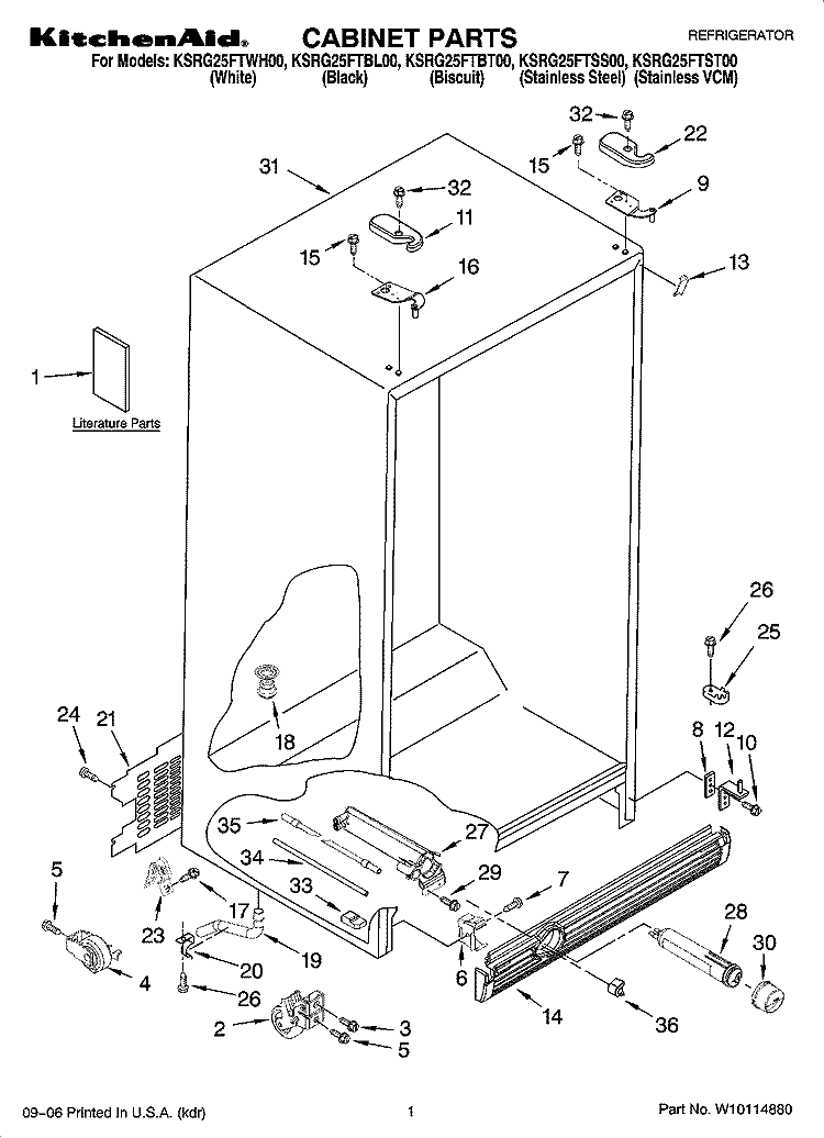 CABINET PARTS Diagram and Parts List for KSRG25FTSS00  KitchenAid Refrigerator
