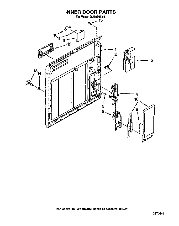 INNER DOOR Diagram and Parts List for DU8950XY0  Whirlpool Dishwasher