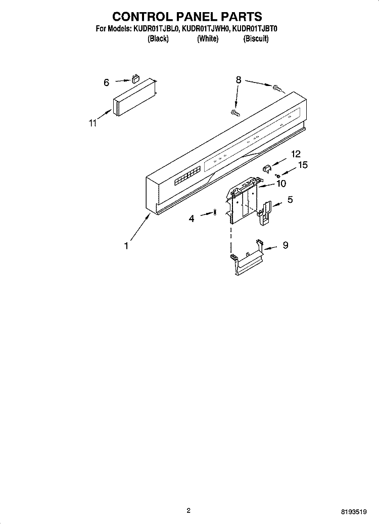 CONTROL PANEL PARTS Diagram and Parts List for KUDR01TJBT0  KitchenAid Dishwasher