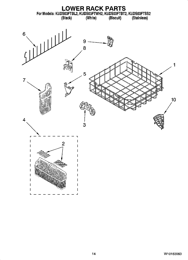 LOWER RACK PARTS, OPTIONAL PARTS (NOT INCLUDED) Diagram and Parts List for KUDS03FTBT2  KitchenAid Dishwasher