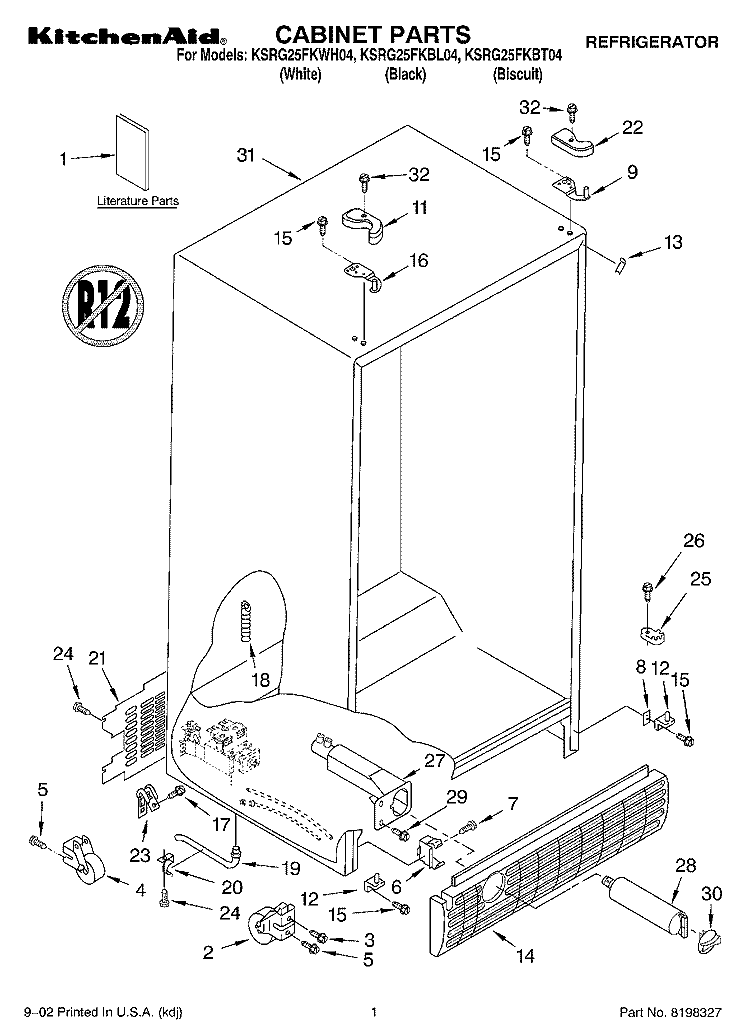 CABINET, LITERATURE Diagram and Parts List for KSRG25FKBL04  KitchenAid Refrigerator