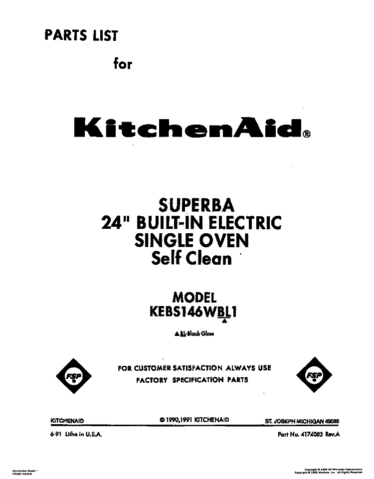 COVER Diagram and Parts List for KEBS146WBL1  KitchenAid Wall Oven