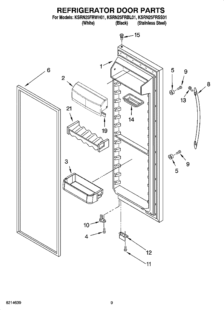 REFRIGERATOR DOOR PARTS Diagram and Parts List for KSRN25FRWH01  KitchenAid Refrigerator