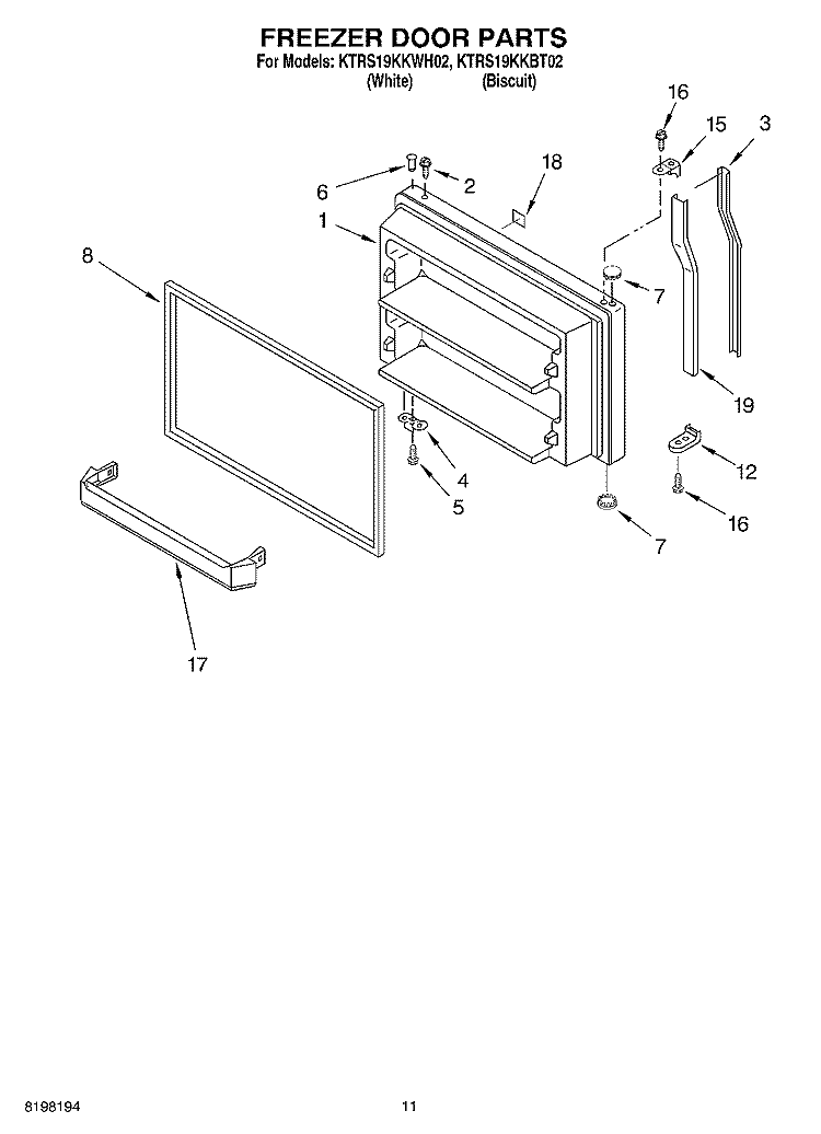 FREEZER DOOR, OPTIONAL Diagram and Parts List for KTRS19KKBT02  KitchenAid Refrigerator