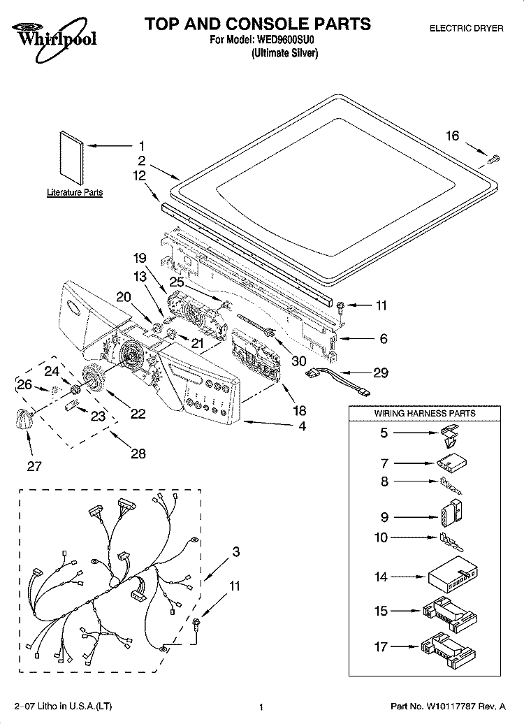 TOP AND CONSOLE PARTS Diagram and Parts List for WED9600SU0  Whirlpool Dryer