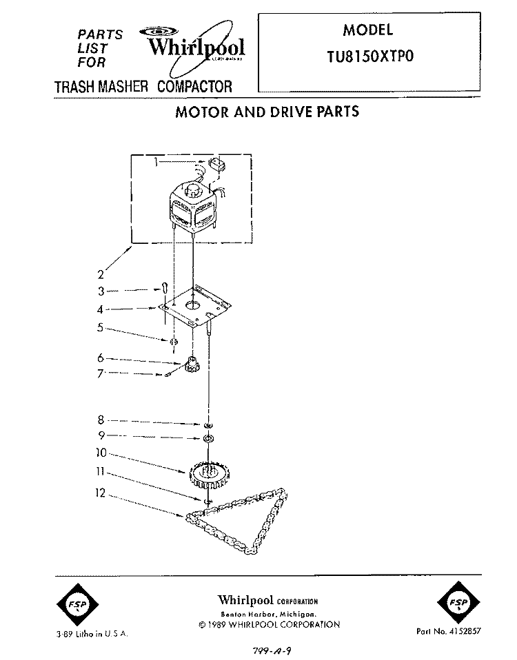 MOTOR AND DRIVE , LIT/OPTIONAL Diagram and Parts List for TU8150XTP0  Whirlpool Trash Compactor