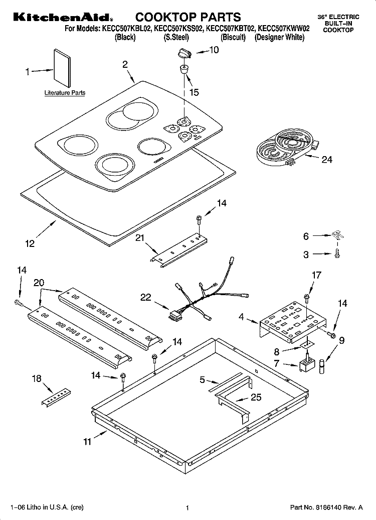 COOKTOP PARTS, OPTIONAL PARTS Diagram and Parts List for KECC507KBL02  KitchenAid Cooktop