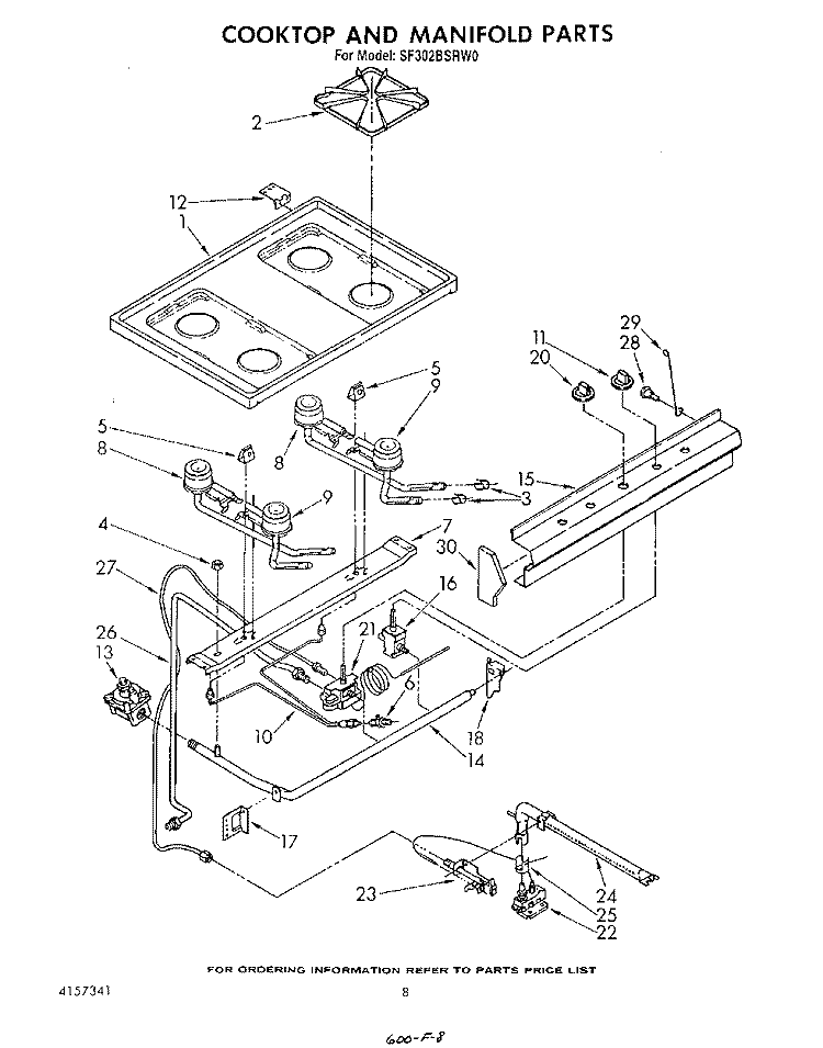 COOK TOP AND MANIFOLD , LITERATURE Diagram and Parts List for SF302BSRW0  Whirlpool Range