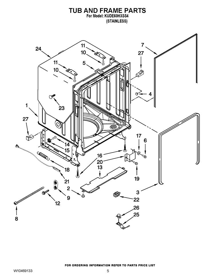 TUB AND FRAME PARTS Diagram and Parts List for KUDE60HXSS4  KitchenAid Dishwasher