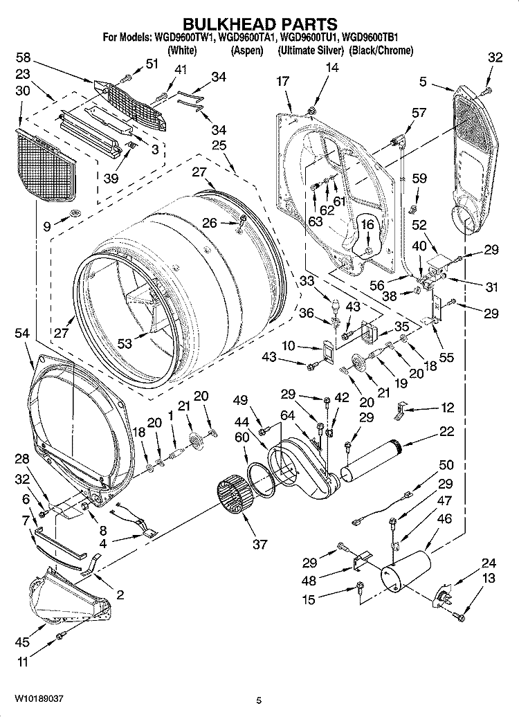 BULKHEAD PARTS Diagram and Parts List for WGD9600TB1  Whirlpool Dryer