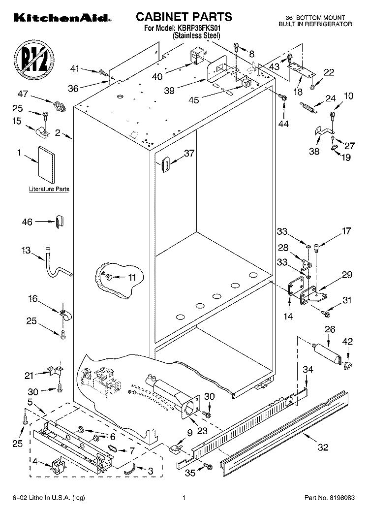 CABINET, LITERATURE Diagram and Parts List for KBRP36FKS01  KitchenAid Refrigerator