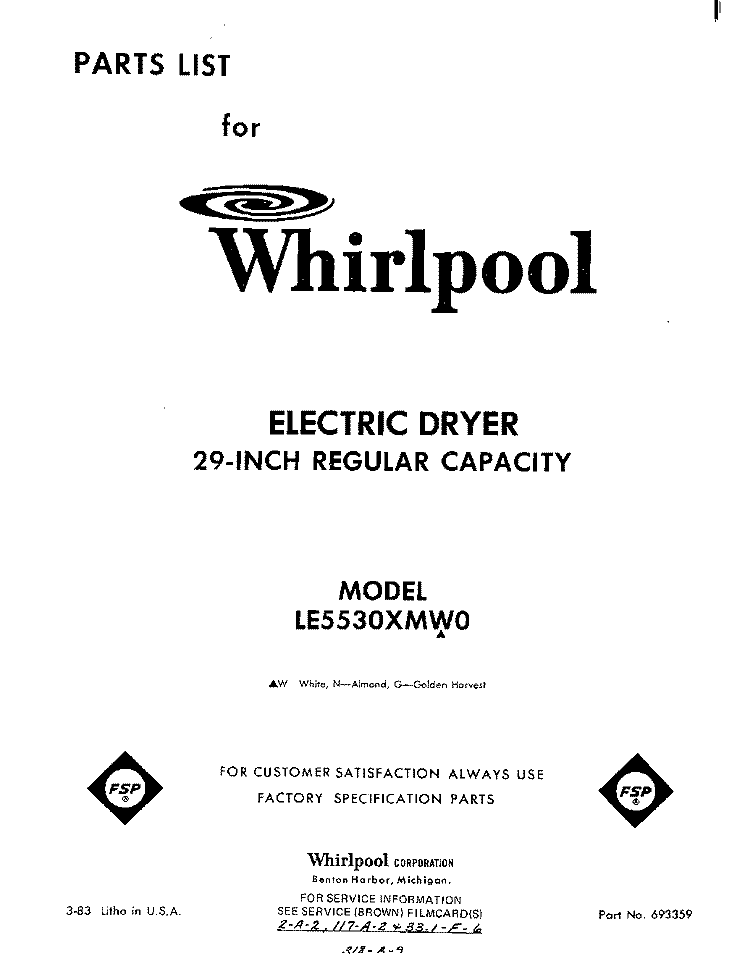 SECTION Diagram and Parts List for LE5530XMW0  Whirlpool Dryer