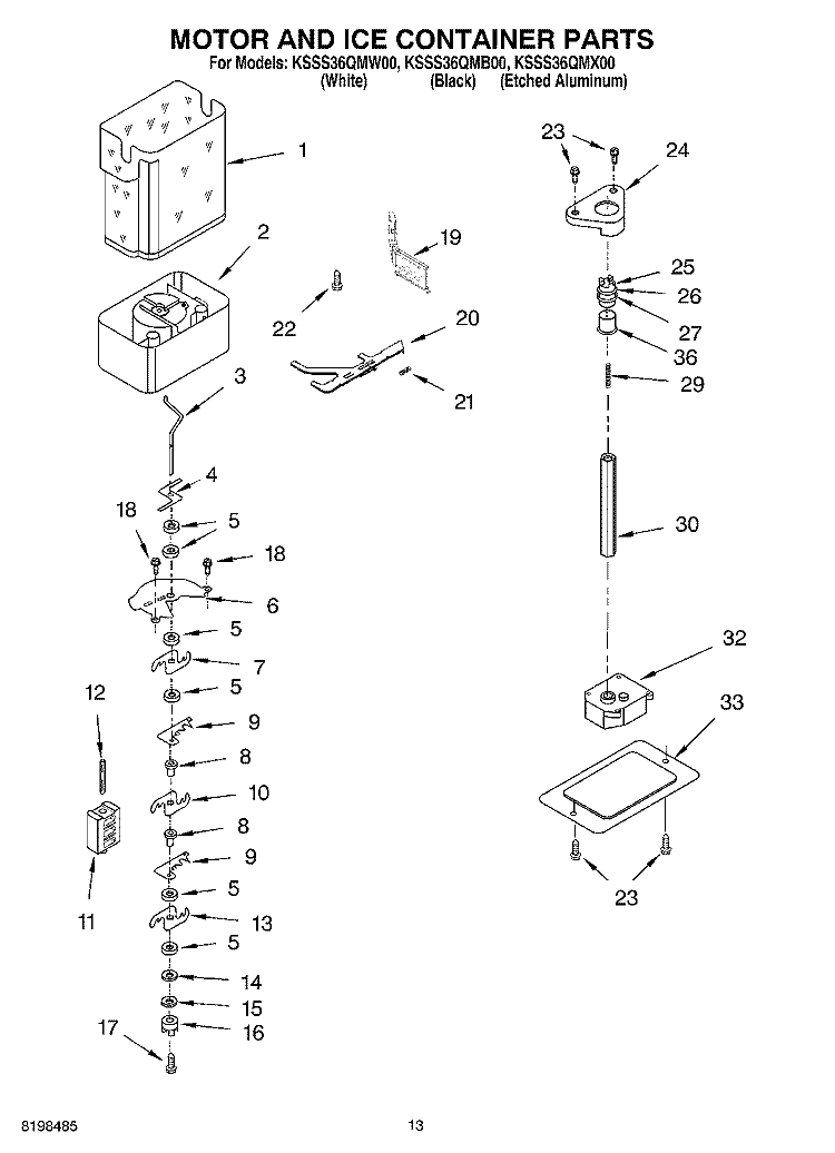 MOTOR AND ICE CONTAINER PARTS Diagram and Parts List for KSSS36QMB00  KitchenAid Refrigerator