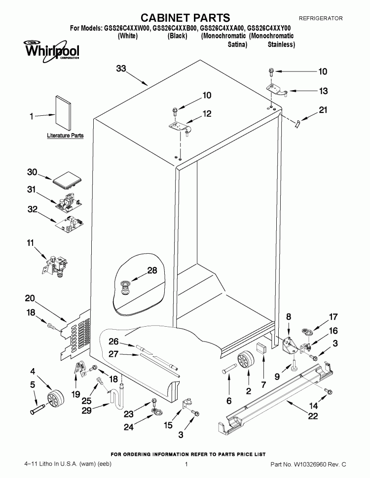CABINET PARTS Diagram and Parts List for GSS26C4XXA00  Whirlpool Refrigerator