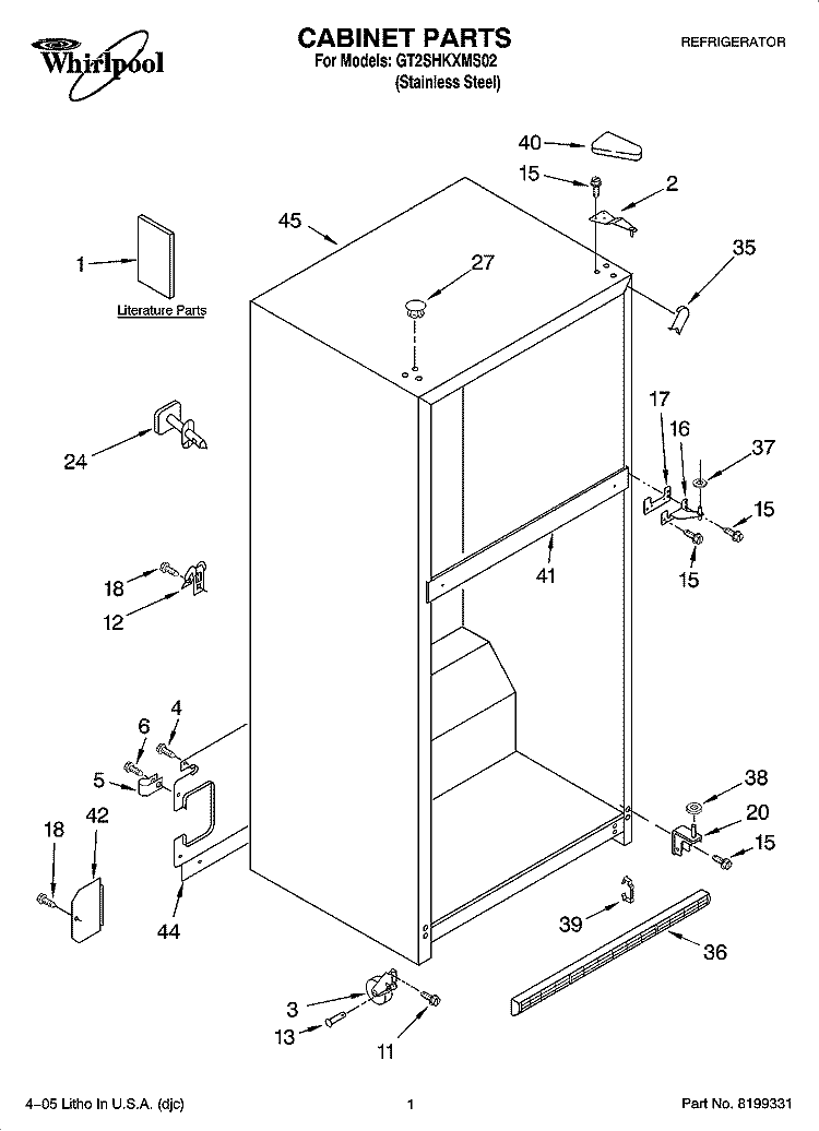 CABINET PARTS Diagram and Parts List for GT2SHKXMS02  Whirlpool Refrigerator