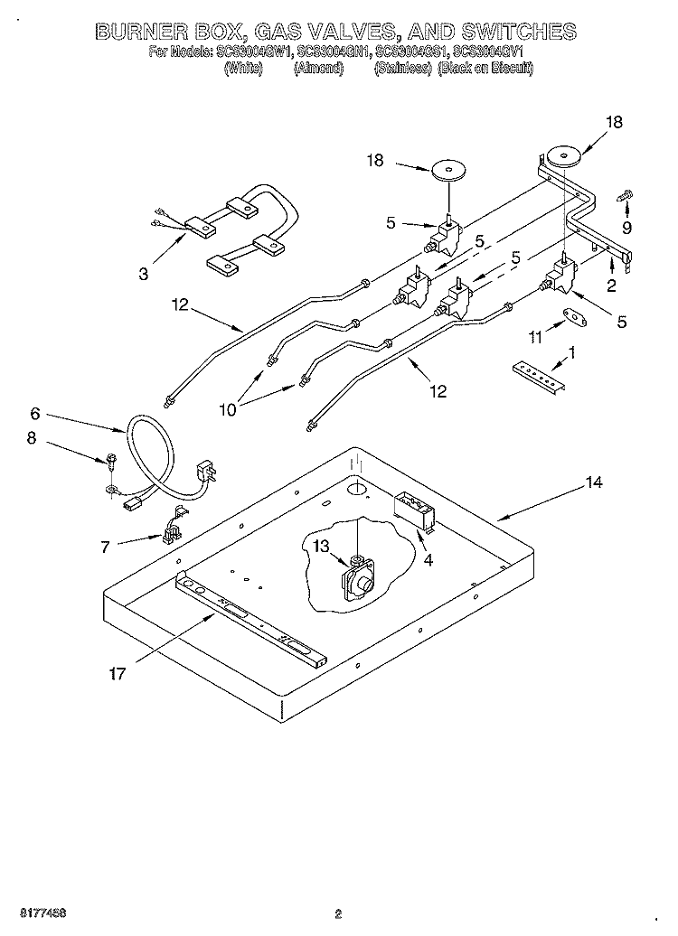BURNER BOX, GAS VALVES, AND SWITCHES Diagram and Parts List for SCS3004GN1  Whirlpool Cooktop