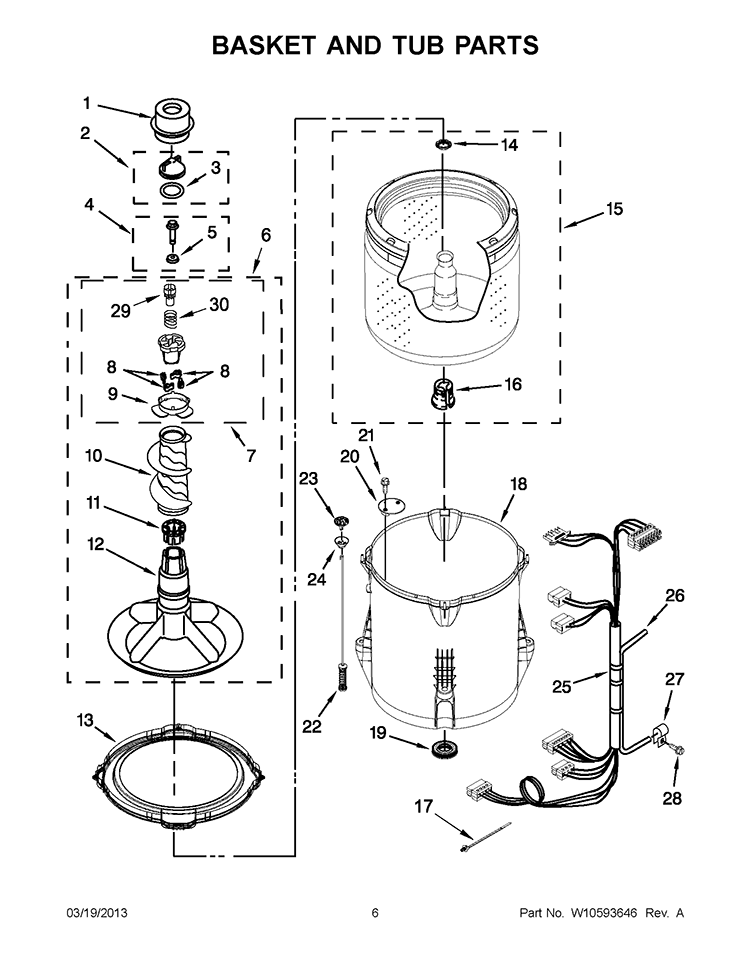 BASKET AND TUB PARTS Diagram and Parts List for 7MWTW1725BM0  Whirlpool Washer