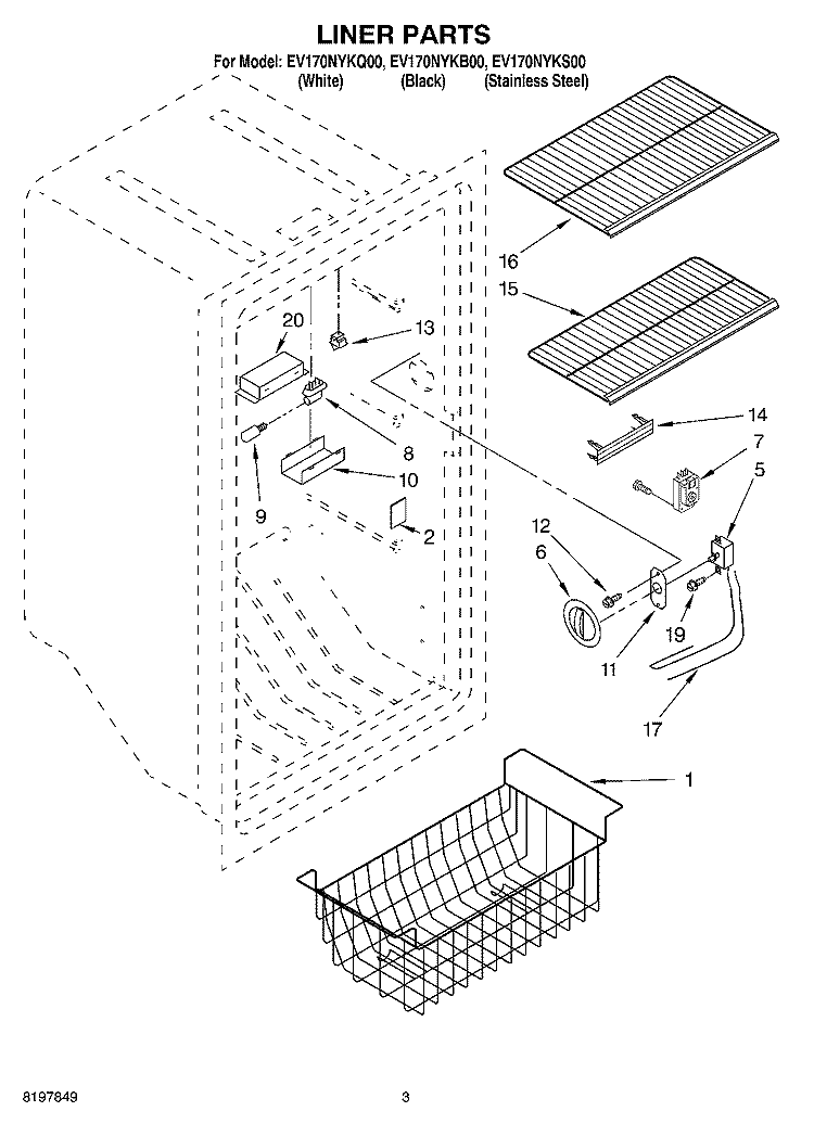 LINER Diagram and Parts List for EV170NYKS00  Whirlpool Freezer
