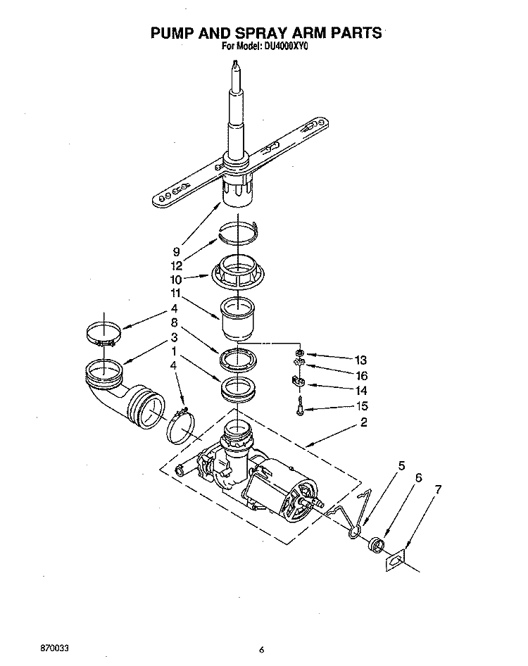 PUMP AND SPRAY ARM Diagram and Parts List for DU4000XY0  Whirlpool Dishwasher