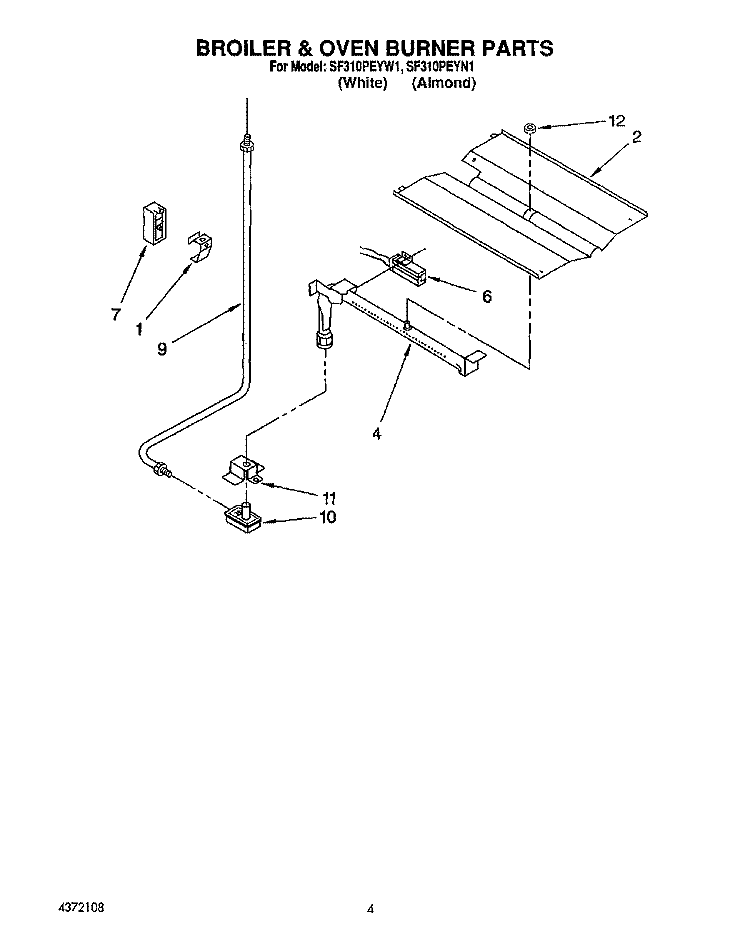 BROILER & OVEN BURNER Diagram and Parts List for SF310PEYW1  Whirlpool Range