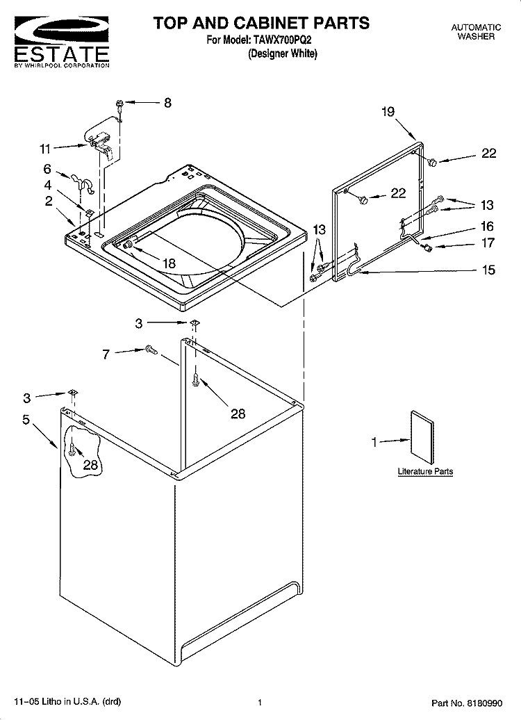 TOP AND CABINET PARTS Diagram and Parts List for TAWX700PQ2  Estate Washer