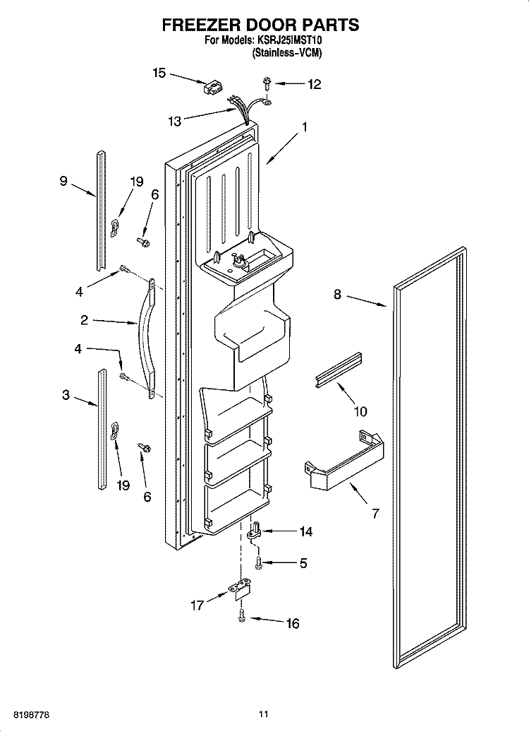 FREEZER DOOR PARTS Diagram and Parts List for KSRJ25IMST10  KitchenAid Refrigerator