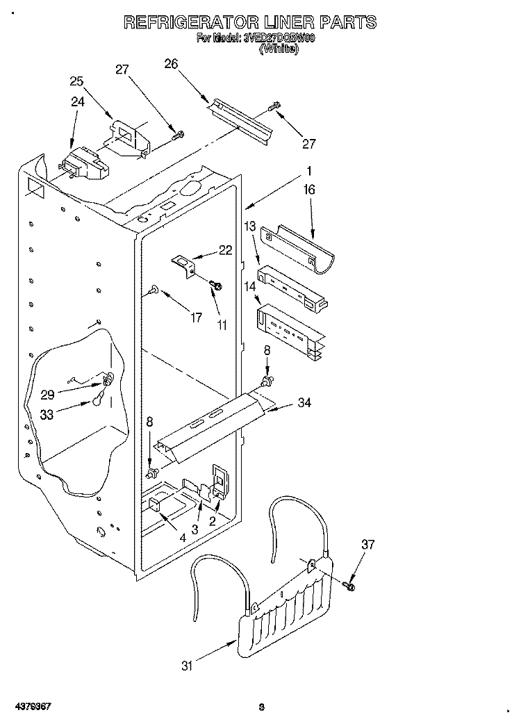 REFRIGERATOR LINER Diagram and Parts List for 3VED27DQBW00  Whirlpool Refrigerator