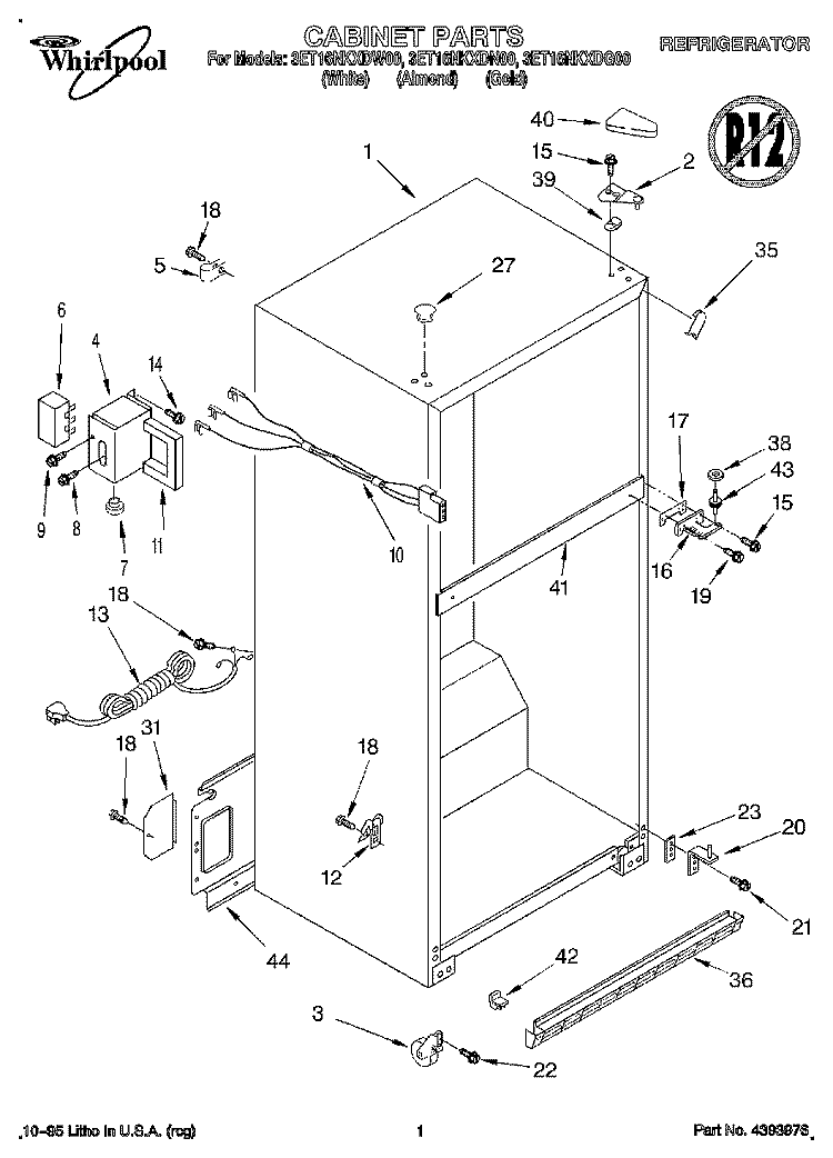 CABINET Diagram and Parts List for 3ET16NKXDG00  Whirlpool Refrigerator