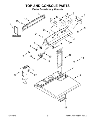 Top And Console Parts Diagram and Parts List for 7MWED2040JM0  Whirlpool Dryer
