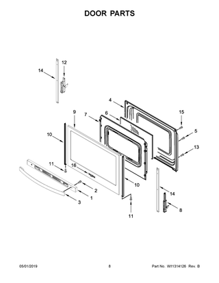 Door Parts Diagram and Parts List for WFE505W0HZ1  Whirlpool Range