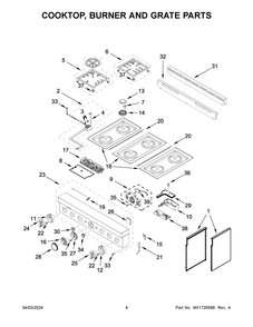 Cooktop, Burner And Grate Parts Diagram and Parts List for KFGC506JBK07  KitchenAid Range