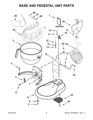 Base And Pedestal Unit Parts Diagram and Parts List for 9KSMC895WH0  Whirlpool Mixer