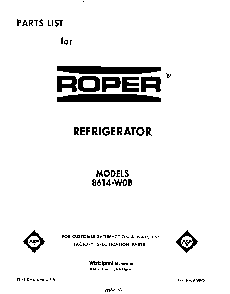 Front Cover Diagram and Parts List for 8614*0B  Roper Refrigerator