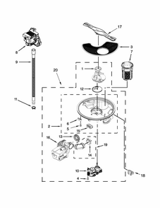 Pump, Washarm And Motor Parts Diagram and Parts List for 66513099N412  Kenmore Dishwasher